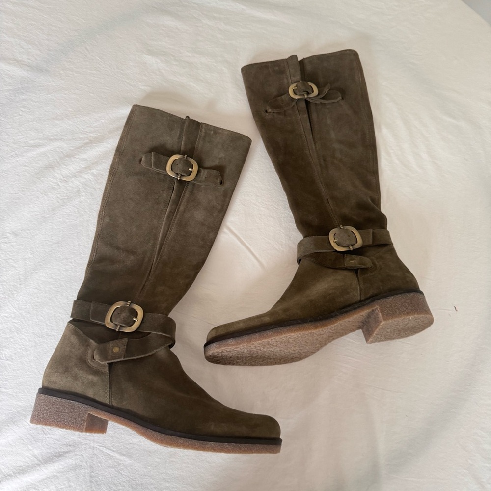 Suede leather knee high boots with buckle details, women’s size 8